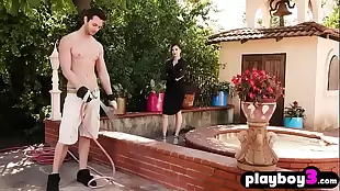 Stained rich skinny teen of the legal era fucked with a gardener during outdoor intercourse